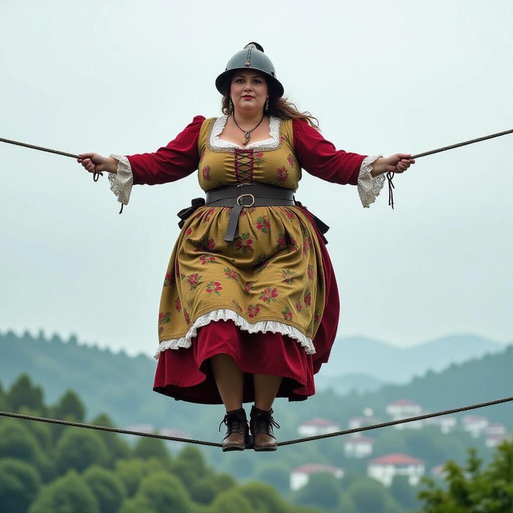 A thick woman performs tightrope walking at a high elevation. The performer is dressed in a dirty old leather helmet and a soiled lace gown. It's a rainy and sad day. The landscape is green, adding to the somber mood.