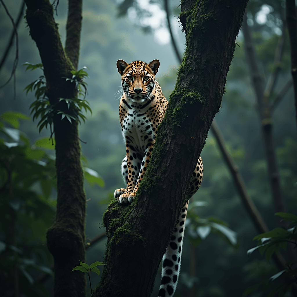 A leopard perched on a moss-covered tree in a lush forest setting.