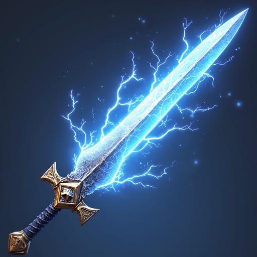 Sword unleashing piercing lightning projectiles. Icon for ARPG game asset. Transparent background.