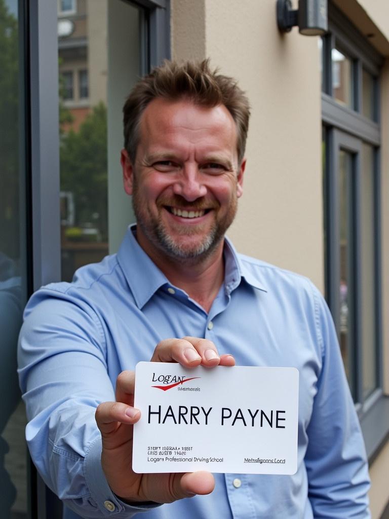 A person holds a membership card. The card is for Harry Payne. The business name is Logan Professional Driving School. The membership is valid for three months. The background is a building with windows.