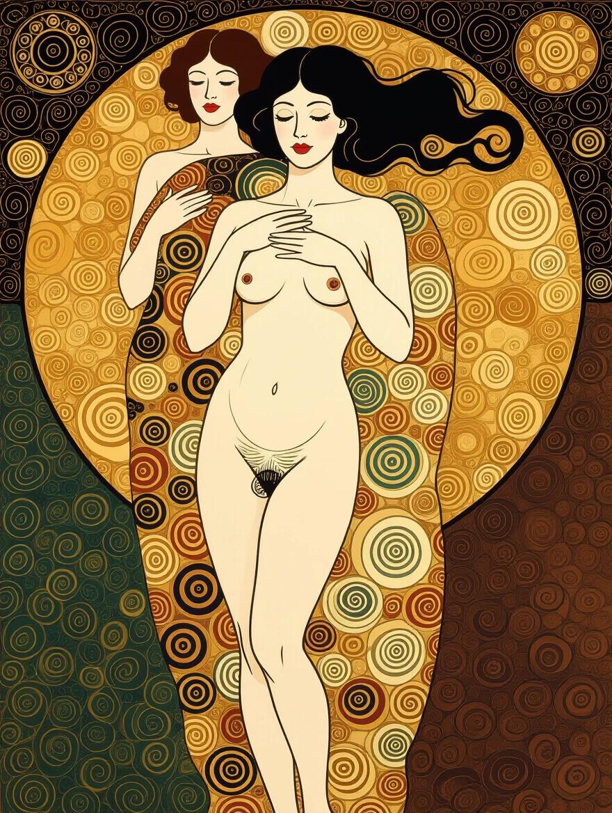 Nude woman portrayed in a surrealism style inspired by Klimt. Background full of swirling patterns and warm colors. Two figures have a captivating presence with artistic detailing. Focus on feminine form and beauty.