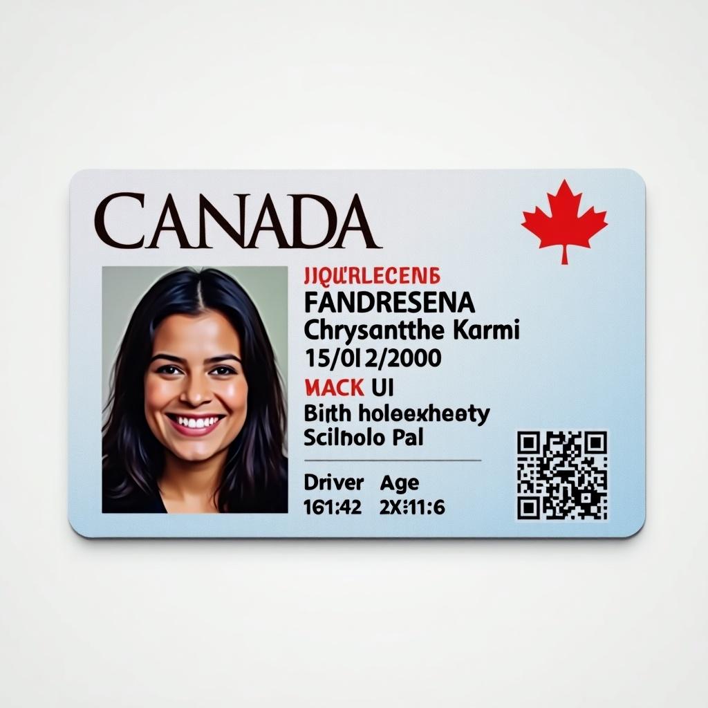 Image of a Canadian driver license card. Card displays name FANDRESENA Chrysanthe Karmi age 24. Birth date 15/02/2000. Official design with identification photo. Professional appearance for identity verification with back id.