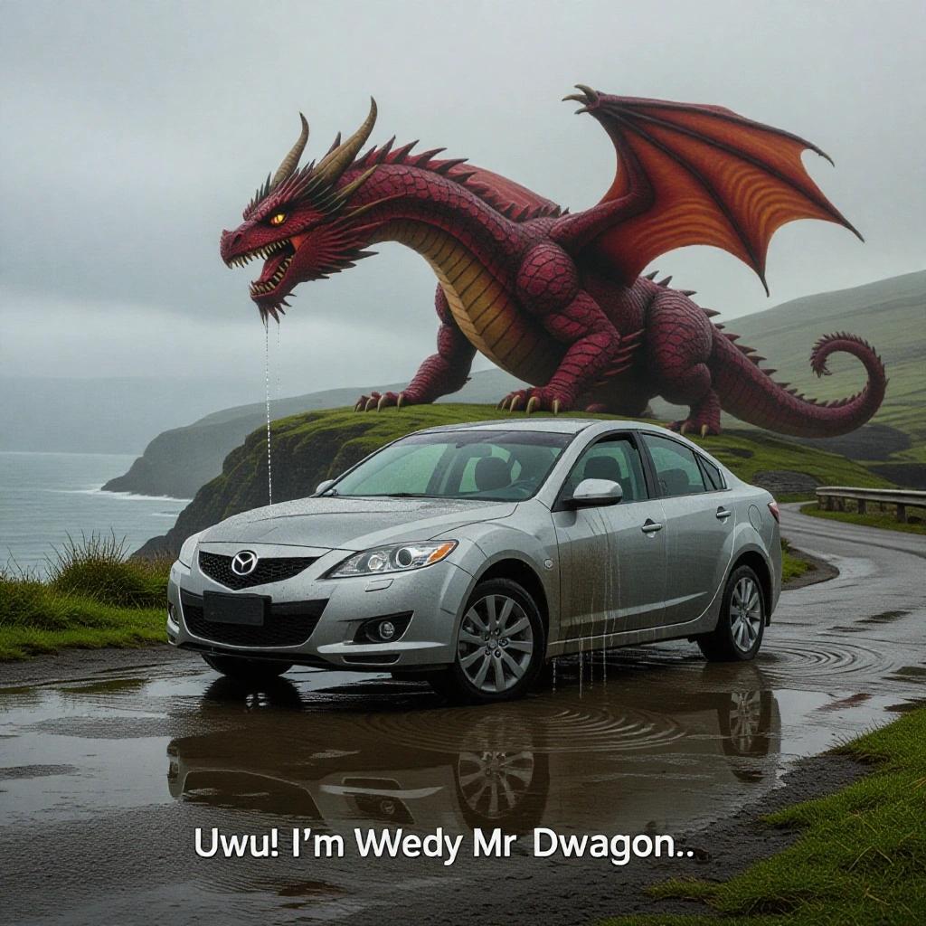 Cinematic still showing a 2005 Mazda 6 parked in a wet puddle. The car has a nervous expression, positioned on a cliff top. An enormous dragon looms in the background, adding a fantasy element. Subtitle features a playful phrase.