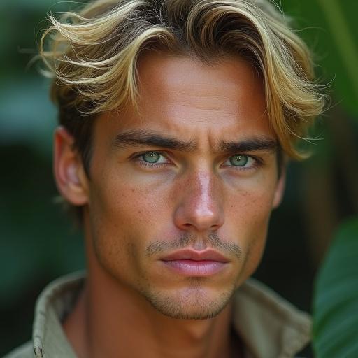 A close-up hyperrealistic image of a handsome young jungle survivor with tousled blonde hair, tan skin and blue eyes. Set outdoors with soft diffused lighting. Background is blurred foliage focusing on his relaxed expression and rugged features. Captures his muscular build and natural strength.