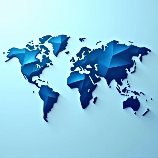 Flat world map illustration in blue tones. Designed in cubism style with triangular fragments. Layered triangles create depth. Subtle shadows enhance 3D effect. Light blue background contrasts darker landmasses. Influenced by early 20th-century cubist art. Created using Adobe Illustrator, vector shapes, polygonal mesh layering.