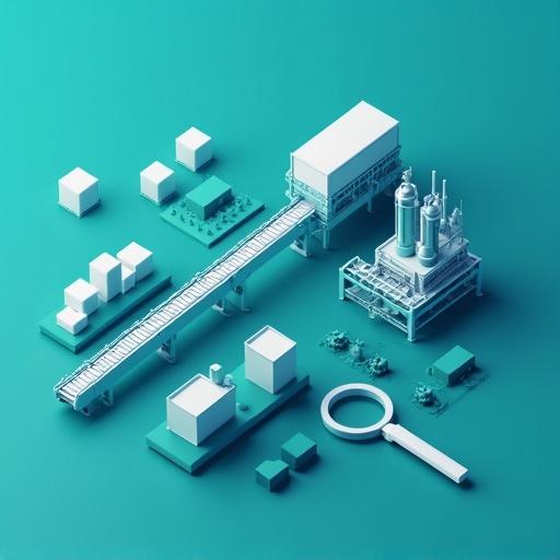 Modern minimalist 3D isometric view of a factory with conveyor belts transporting cubes and a magnifying glass looking at the cubes. Teal minimalist illustration with limited color palette and dark blue background.