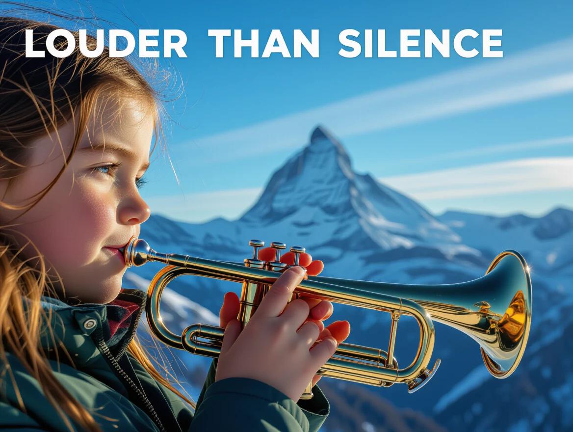 Close-up photograph of a young girl playing a brass trumpet. Mountainous landscape serves as backdrop. Polished trumpet reflects vibrant colors. Text appears at the top. Subject has bright blue eyes. Photographed from side profile. Snow-capped peaks in background with bright blue sky. Natural bright lighting creates contrast. Trumpet positioned diagonally across frame.