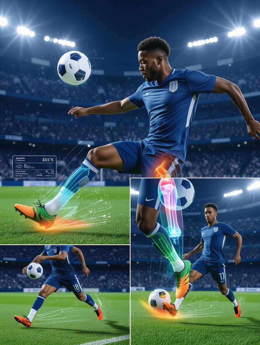 Photograph of soccer socks showing embedded X-ray technology during gameplay. Socks reveal foot and ankle bones in glowing detail. Impact zones shown as colorful heat maps indicate pressure points. Kicking and landing create dynamic bone visualizations. Stadium lighting contrasts athletic performance with scientific analysis. Multiple angles capture athletic motion and bone-revealing technology.