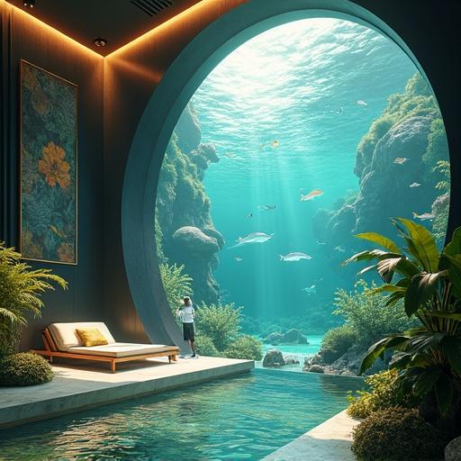 Anime style illustration of a super futuristic mega mansion aquarium. It showcases a luxurious interior with oversized elements. Morning light enhances the aquatic scene filled with marine life. Tokyo serves as the backdrop. Light gold and onyx black are dominant colors.