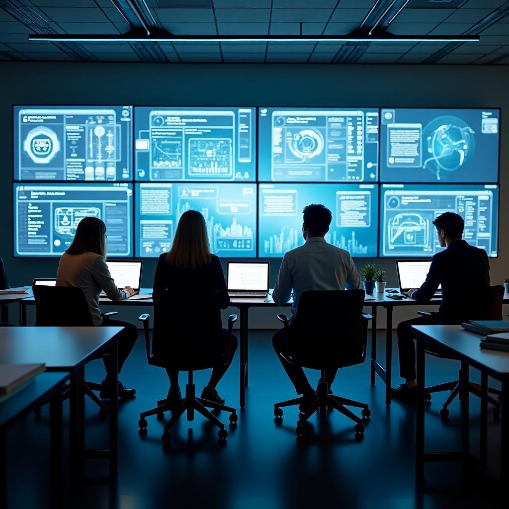 A group of students engages with laptops in a high-tech classroom. Multiple digital screens display data and futuristic equipment is visible.