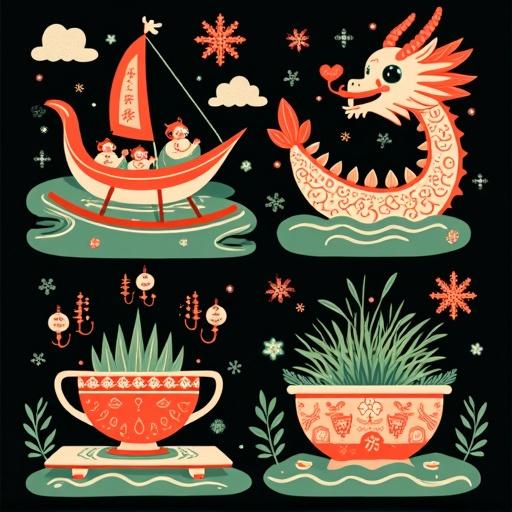 Vibrant t-shirt graphic design with black background featuring cozy folk art style for Dragon Boat Festival. Grid layout includes whimsical items like a dragon boat shaped like a smartphone, vintage rice cooker, and wifi signal mugwort herbs. Uses jade green, vermilion red, black and cream white colors. Hand-drawn quality with flat shapes and geometric patterns. Childlike charm accented with bamboo motifs.