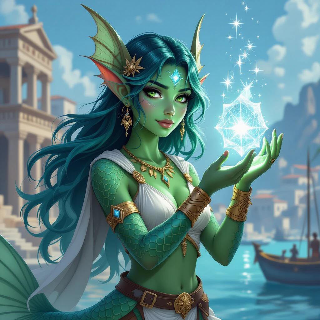 A late teenage Triton female appears by a Grecian port city. She has sharp finned ears and green-blue scaled skin. Her clothes are reminiscent of Ancient Greece but soft. She wields a crystal exuding magic. Long green-blue hair styled slicked back. The city serves as a picturesque backdrop. Simple yet enchanting merchant appearance.