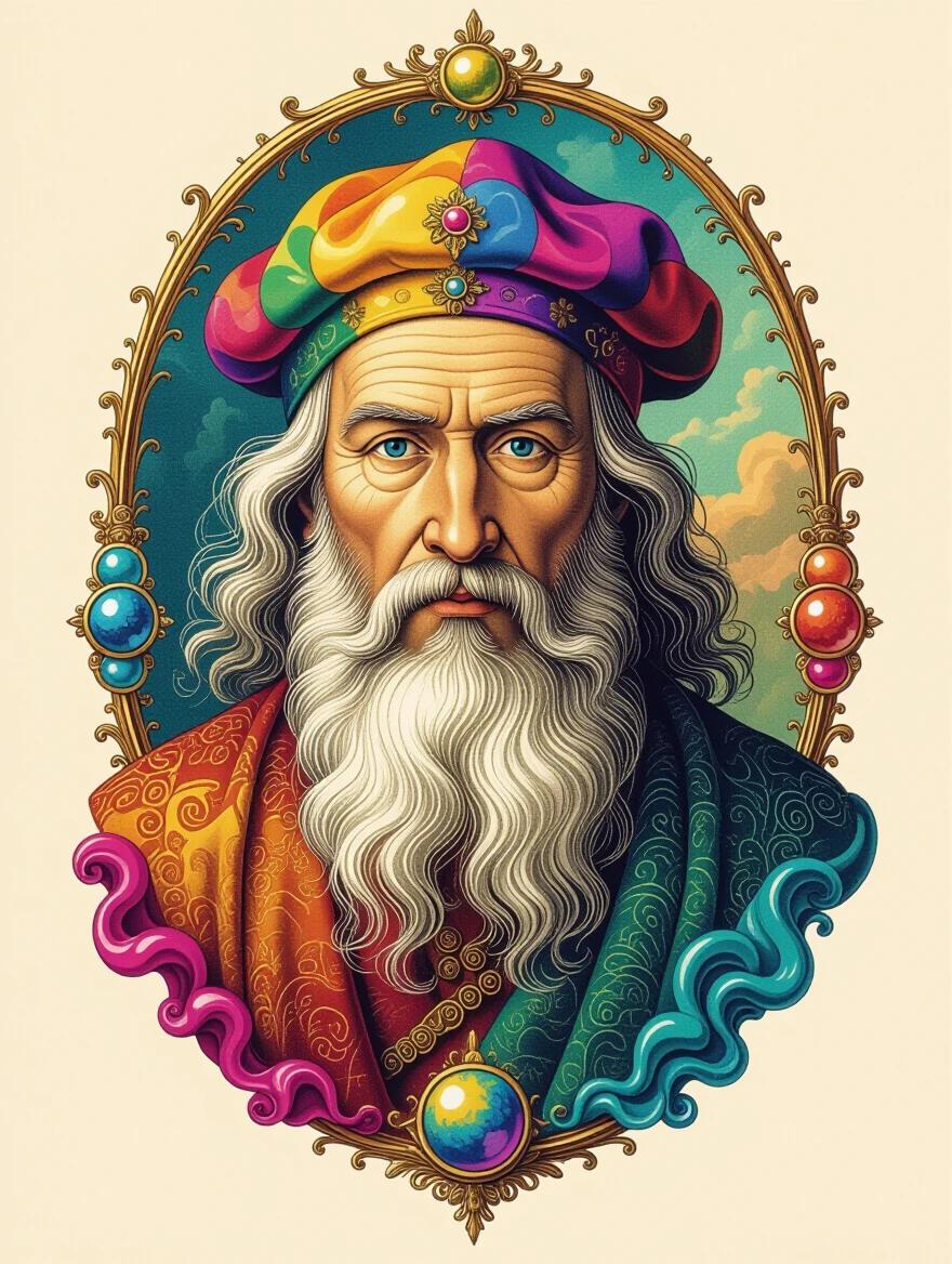 Colorful regal figure with rich details. Magical atmosphere with vibrant hues. Thick globs of paint create texture. Artistic composition inspired by classic influences. Handsome design reflecting depth in layers.