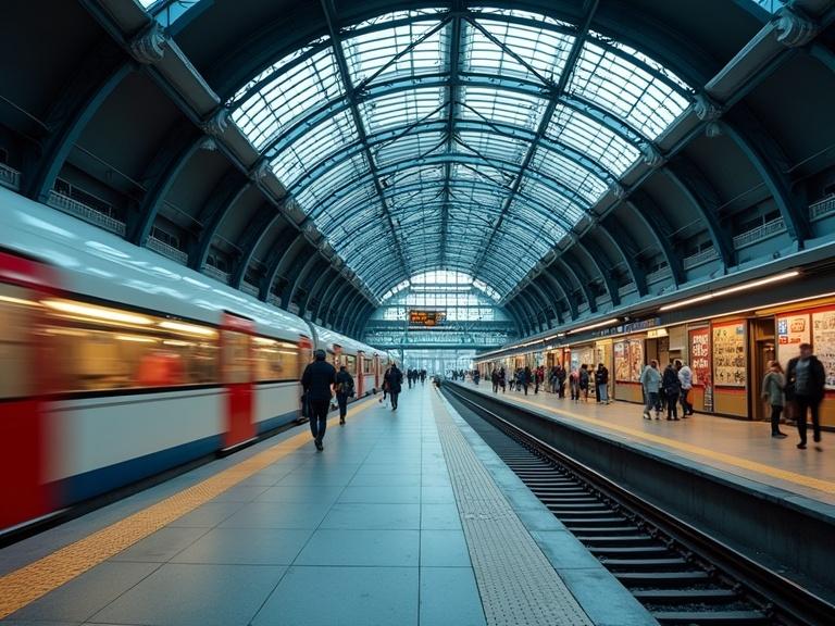 Dynamic train station showcases modern architecture with people commuting. The scene captures urban life and movement. Glass roof allows natural light to filter in. Trains pass by on tracks with passengers on the platform.