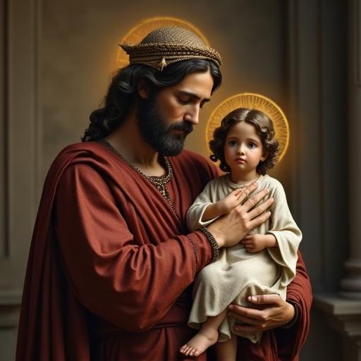 Depiction of Jesus with Virgin Mary. Jesus has a serene expression. Mary holds a young child in her arms. Both figures have halos. Soft, warm lighting surrounds them. The background is neutral, emphasizing the subjects.