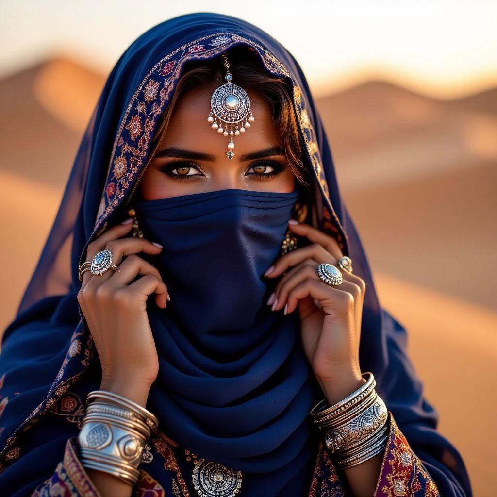 Cinematic portrait of a Tuareg woman wearing a traditional indigo-blue veil. The woman has almond-shaped eyes and a dignified presence. Sun-kissed skin shows fine desert dust. She wears intricate silver jewelry and richly embroidered robes. Warm desert tones with dunes in the background appear under golden-hour sunlight. The fabric's texture is highlighted with dramatic shadows. The atmosphere is warm, timeless, and intimate, resembling a National Geographic portrait.