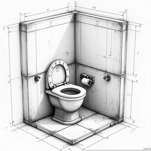 Blueprint of a toilet designed for disabled individuals. Follows Czech norms for accessibility. Professional technical drawing for 2D documentation.