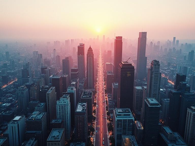 Aerial shot of a city with a halftone filter. City skyline with skyscrapers and sunset in the background. Roads illuminated with city lights.