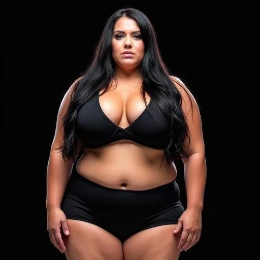 A muscular female wrestler stands confidently in the wrestling ring. She has very long black hair. She wears a black top and tight shorts. The black background indicates concentration before a fight. She displays strength and determination.