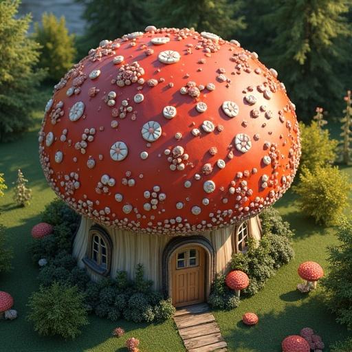 House features a mushroom-shaped roof and is surrounded by greenery. View from above shows the shape and design of the structure clearly. Ground is covered with smaller mushrooms and bushes nearby.