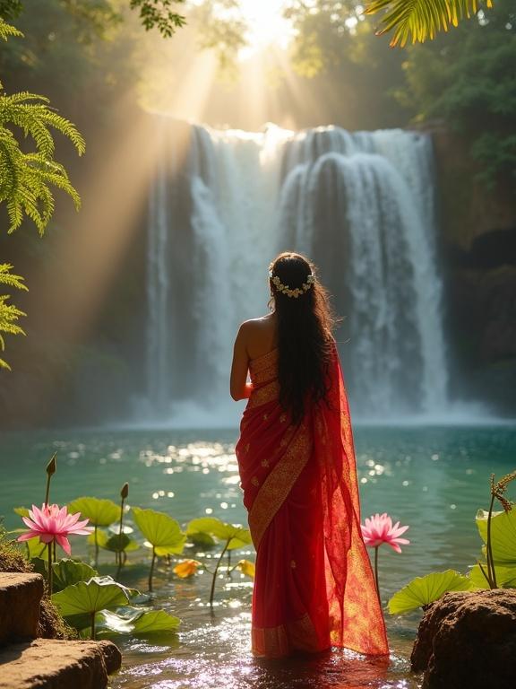 Woman in crimson silk saree stands before waterfall, sunlight creating rainbows, mist at her ankles, surrounded by nature, joyful expression, hands adjusting dupatta, ornate saree shimmering, tranquil atmosphere with lotus flowers and water droplets.