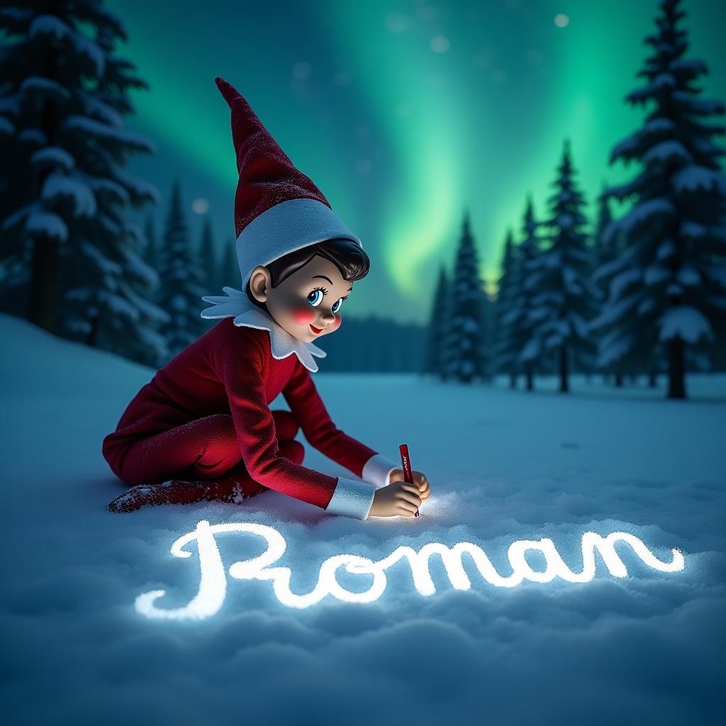 An Elf on the Shelf character is carefully writing the name 'Roman' in the freshly fallen snow. The name is formed in a beautiful cursive style, illuminated by the enchanting glow of the northern lights above. The elf, dressed in traditional red and white attire, looks joyful and playful as he creates this magical moment. The serene snowy landscape surrounds him, enhancing the holiday charm of the scene. This delightful image captures the essence of Christmas spirit and the whimsical nature of the Elf on the Shelf tradition.