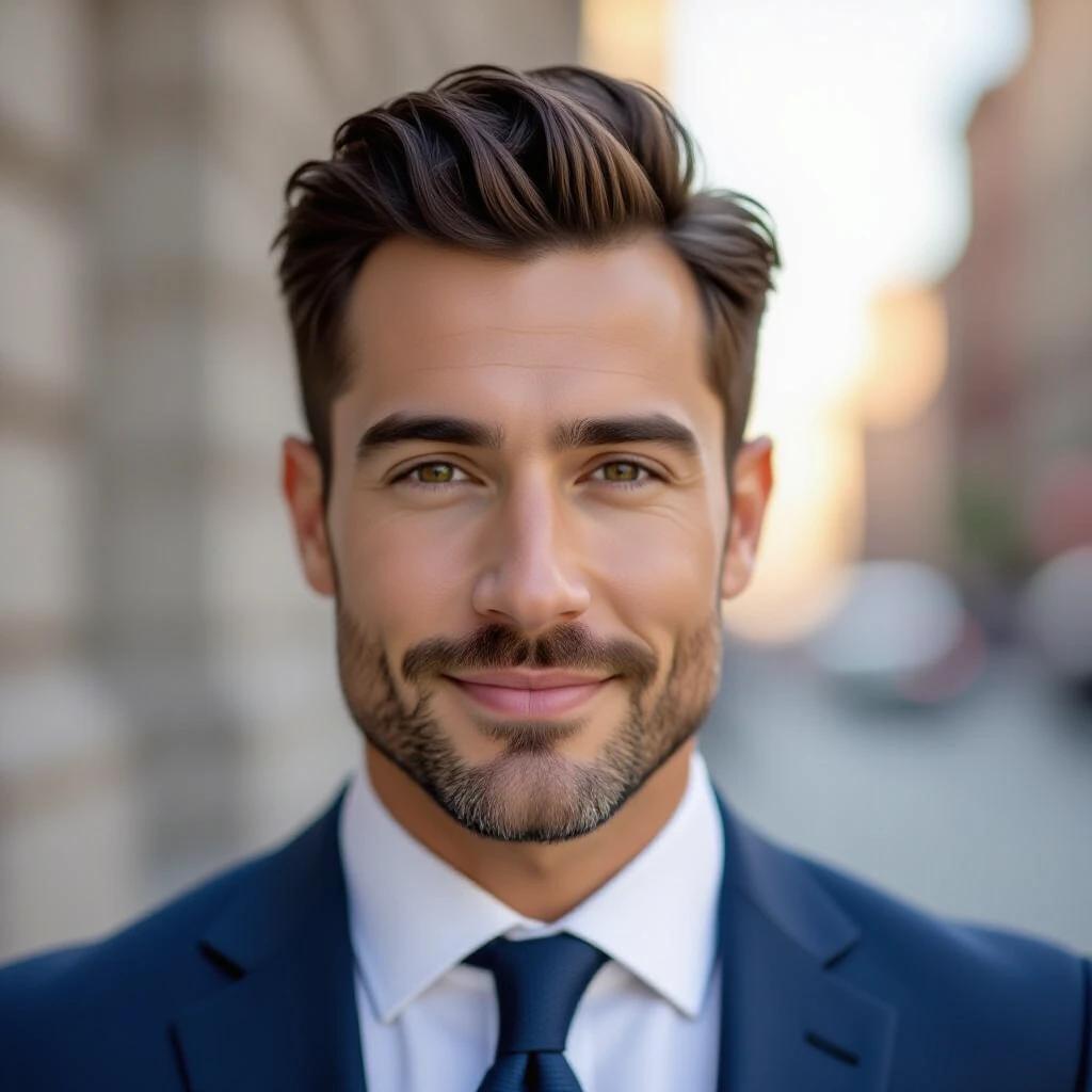 High key photograph of a man in a blue suit. The background is softly blurred. The lighting is bright and highlights the person's attire. The focus is on the man, emphasizing his professional appearance.