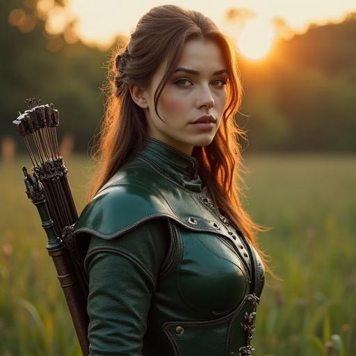 A stunningly beautiful female scout in a medieval fantasy setting. The image captures her from head to waist. She has radiant complexion and graceful curves. Fitted dark green leather armor beautifully crafted with silver embellishments. Sleeves have translucent fabric panels. Medium-length layered chestnut brown hair frames her face. A shortbow rests on her back, with a pouch of traps at her waist. The scene is in soft golden dusk light, enhancing the fantasy vibe.