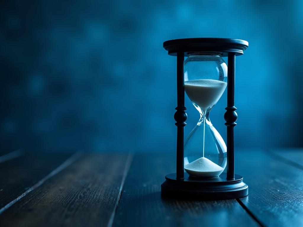 The scene shows a close-up of a classic hourglass on a dark wooden table. The hourglass is elegantly designed with black metal framing, and the white sand inside is slowly trickling down. Soft blue lighting illuminates the background, creating a serene atmosphere. The focus is mainly on the hourglass, emphasizing the passage of time. The wooden surface features subtle textures, adding depth to the image. The overall mood is contemplative, encouraging viewers to reflect on the nature of time.