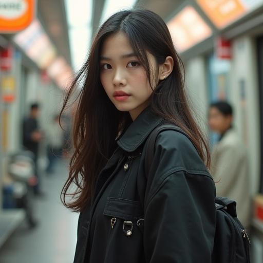 Image shows a 16-year-old Japanese girl wearing a high school uniform inside a subway train. She has long black hair and is facing the camera. Wind is blowing in through the window.