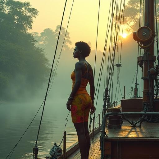 A woman stands on the wooden deck of an old sailboat. She wears vibrant Afrofuturistic clothing. In front, a misty mangrove stretches across the horizon. Overgrown technological structures and semi-organic machines are present. The scene is in humid mid-afternoon light with golden rays filtering through. The atmosphere is mysterious and lush.