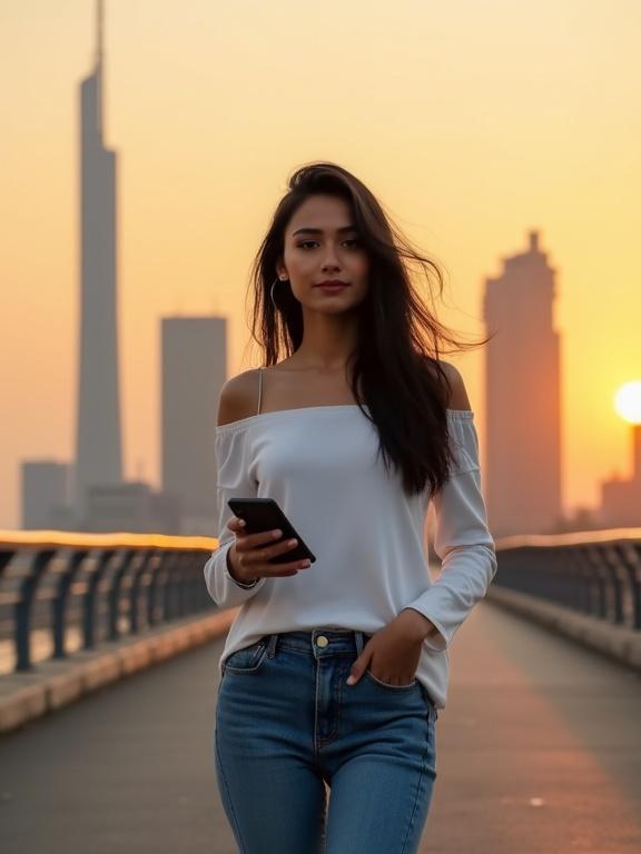 Modern Indian woman stands on a bridge in Mumbai during golden hour. She wears a white top and jeans. Skyscrapers are in the background. Hair is black and flowing. She holds a mobile phone.