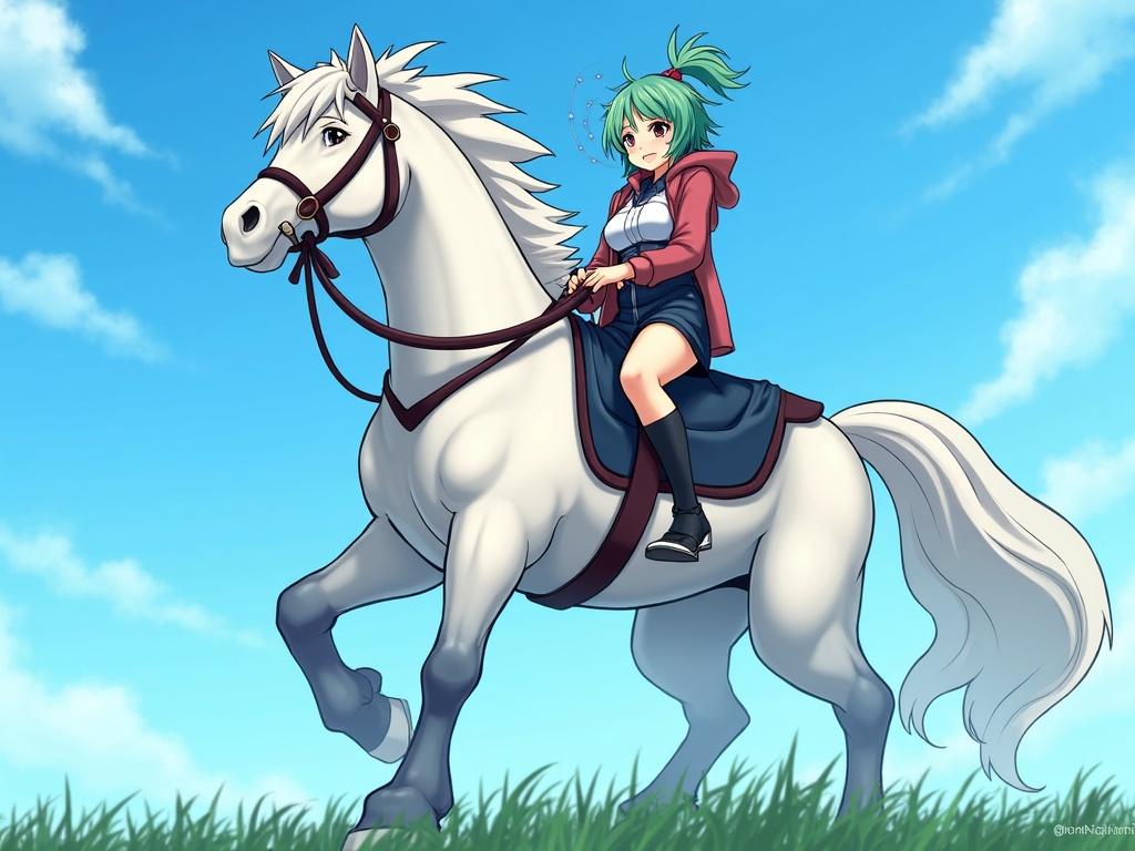 Character named Aqua from the anime Konosuba riding a horse on a sunny day with a blue sky and green grass. Cheerful expression and playful pose.