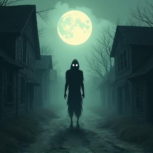 Digital illustration of a tall shadowy figure in a ruined village with a full moon illuminating abandoned houses along a dusty path. Mist adds a dark fantasy feel. The figure has long limbs and glowing eyes.