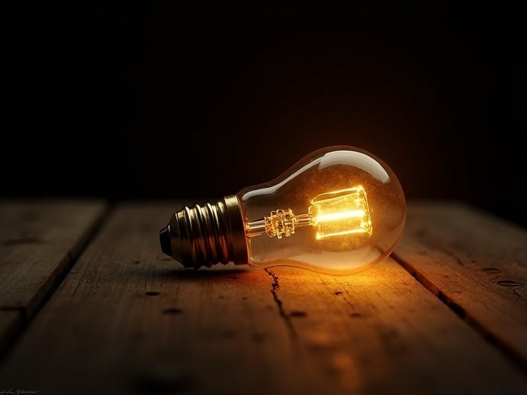 A lit incandescent lightbulb lying on its side on a rustic wooden table. Warm yellow glow softly lights up the wooden surface. Dark background keeps full focus on the bulb and table texture. Abandoned and introspective atmosphere with dramatic lighting.