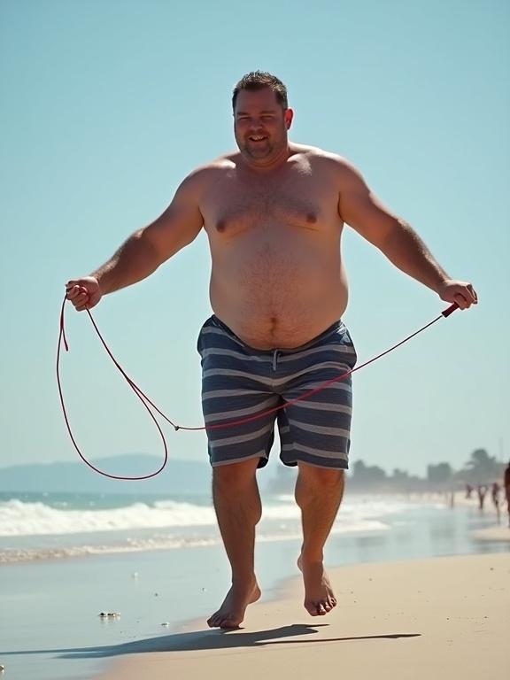 A 40 year old man dancing shirtless jumping on a jump rope on the beach