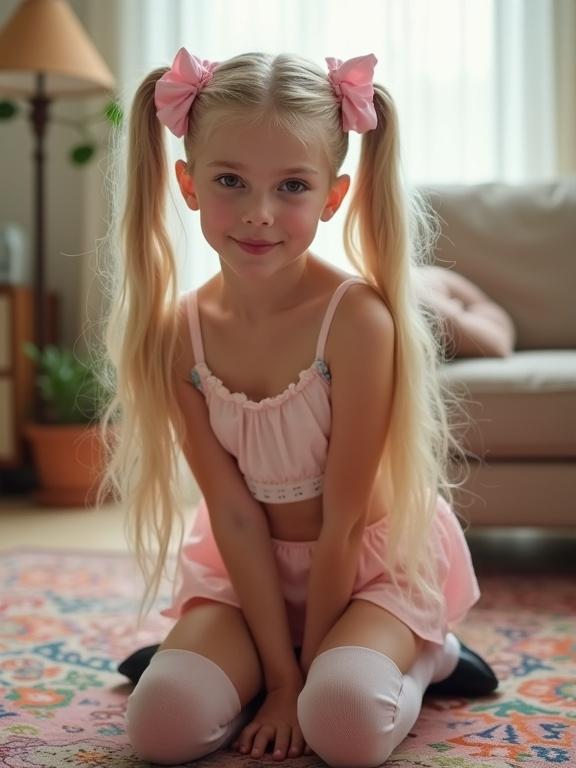A girl with long blonde hair styled in twin tails sits on a colorful rug in a softly lit living room. She wears a short pink crop top and skirt, along with thigh-high socks and black shoes. The atmosphere is cozy and inviting.