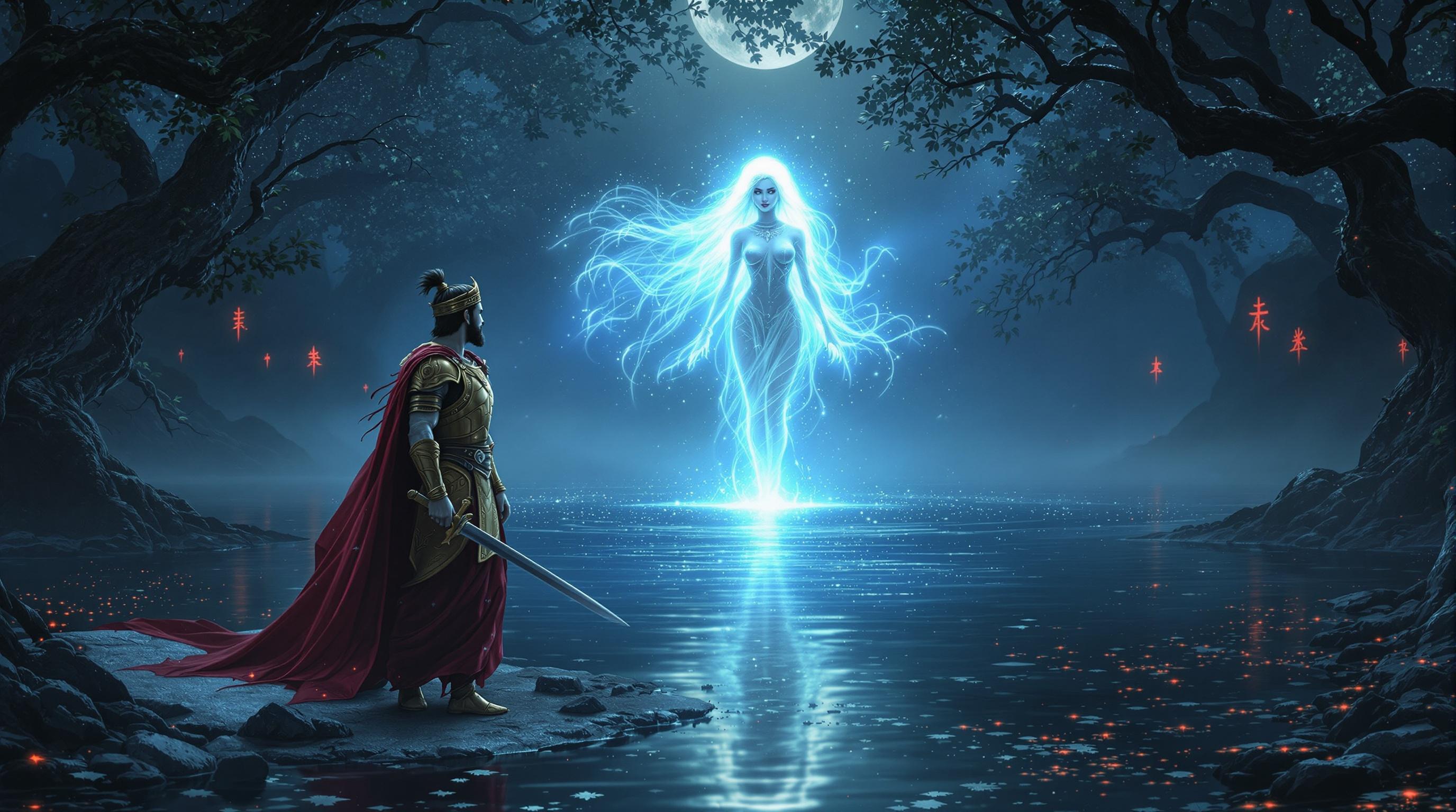 A vivid scene of a mystical encounter at a serene lake. King Rudrasen in golden armor stands near the water. Queen Mriganjali approaches dressed in pink and gold. A glowing apparition, the Lake Spirit, hovers above the lake, illuminated by moonlight. The atmosphere is charged with energy and mystery.