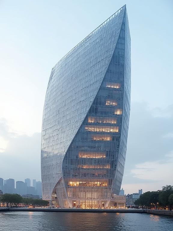 A modern building designed by Zaha Hadid in an urban setting. The building has a unique curved shape with a transparent facade. Evening light highlights the interior while the exterior reflects colors of the sky. Located near water with city skyline in the background.