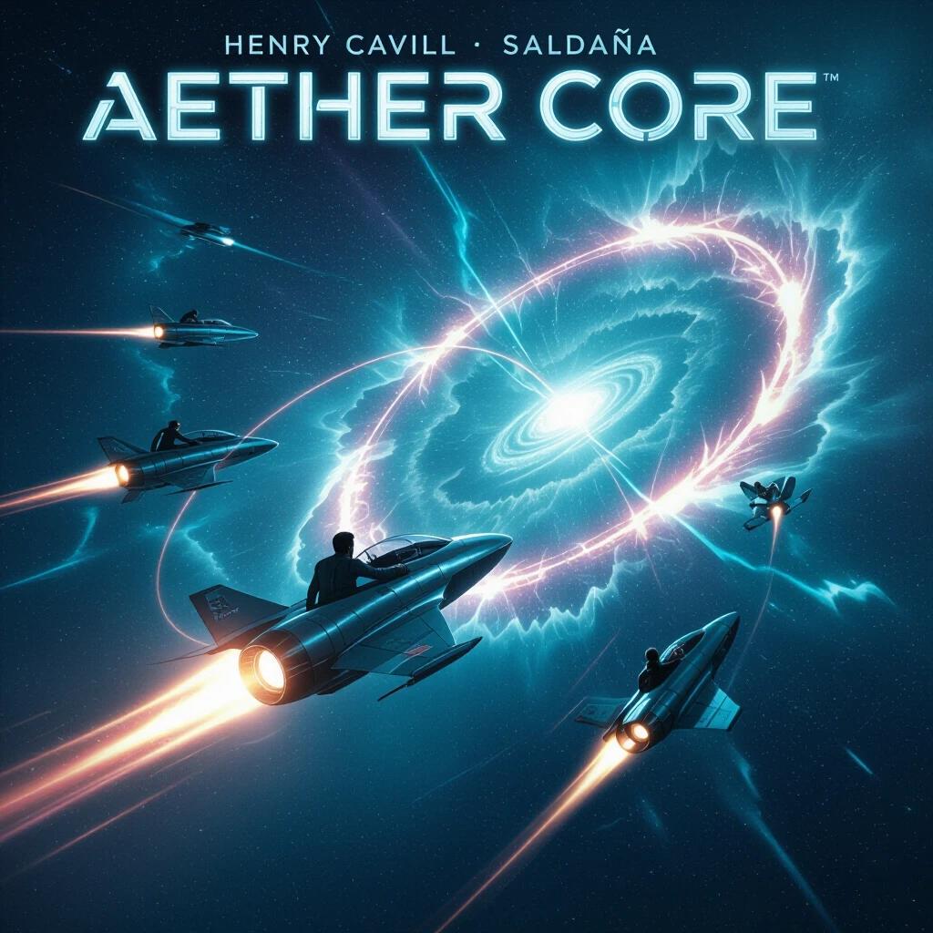 A movie poster titled AETHER CORE features space jets racing through glowing wormhole rings and energy storms. Cast includes Henry Cavill and Zoe Saldaña. The visual captures a dynamic space-epic tone with teal lighting effects.