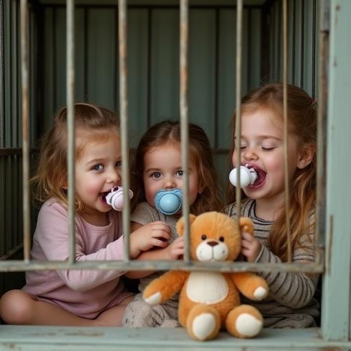 A mother interacts playfully with two ten year old children. Both children have oversized pacifiers in their mouths. The children are in a small cage pretending to be zoo animals. Their stuffed toys are imaginary visitors.