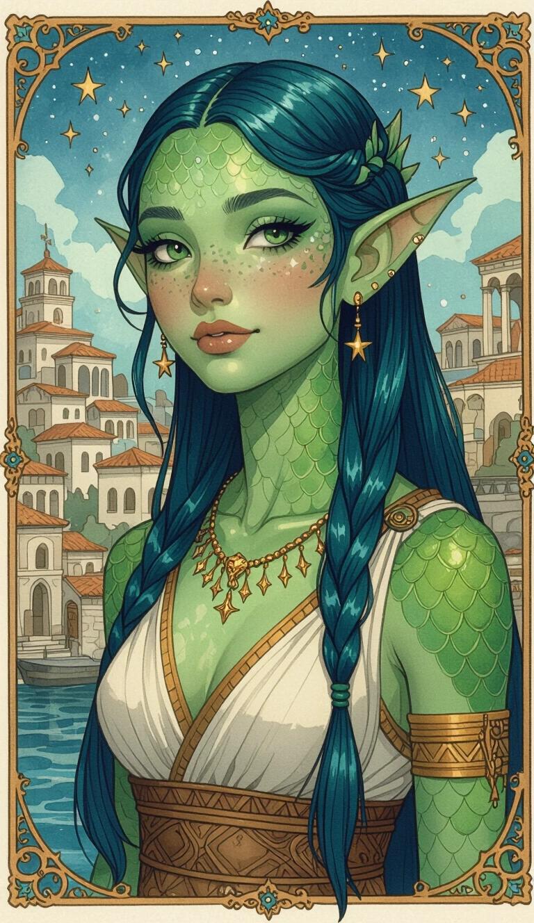 Dark watercolor illustration depicting a female Triton with green-blue scaled skin and finned ears. Background shows an Ancient-Grecian fantasy port city. She wears ancient Greek-style clothing. The character has slicked-back blue-green hair and a starry connection. Scaled features are prominent. Full body depicted with youthful appearance.