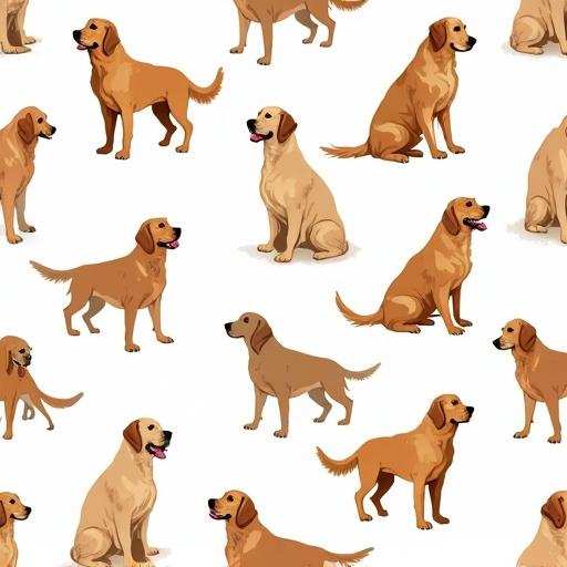 Vector repeatable pattern featuring hand-drawn golden retriever dogs in different poses. Colors include earthy tones and black and white. Background is transparent.
