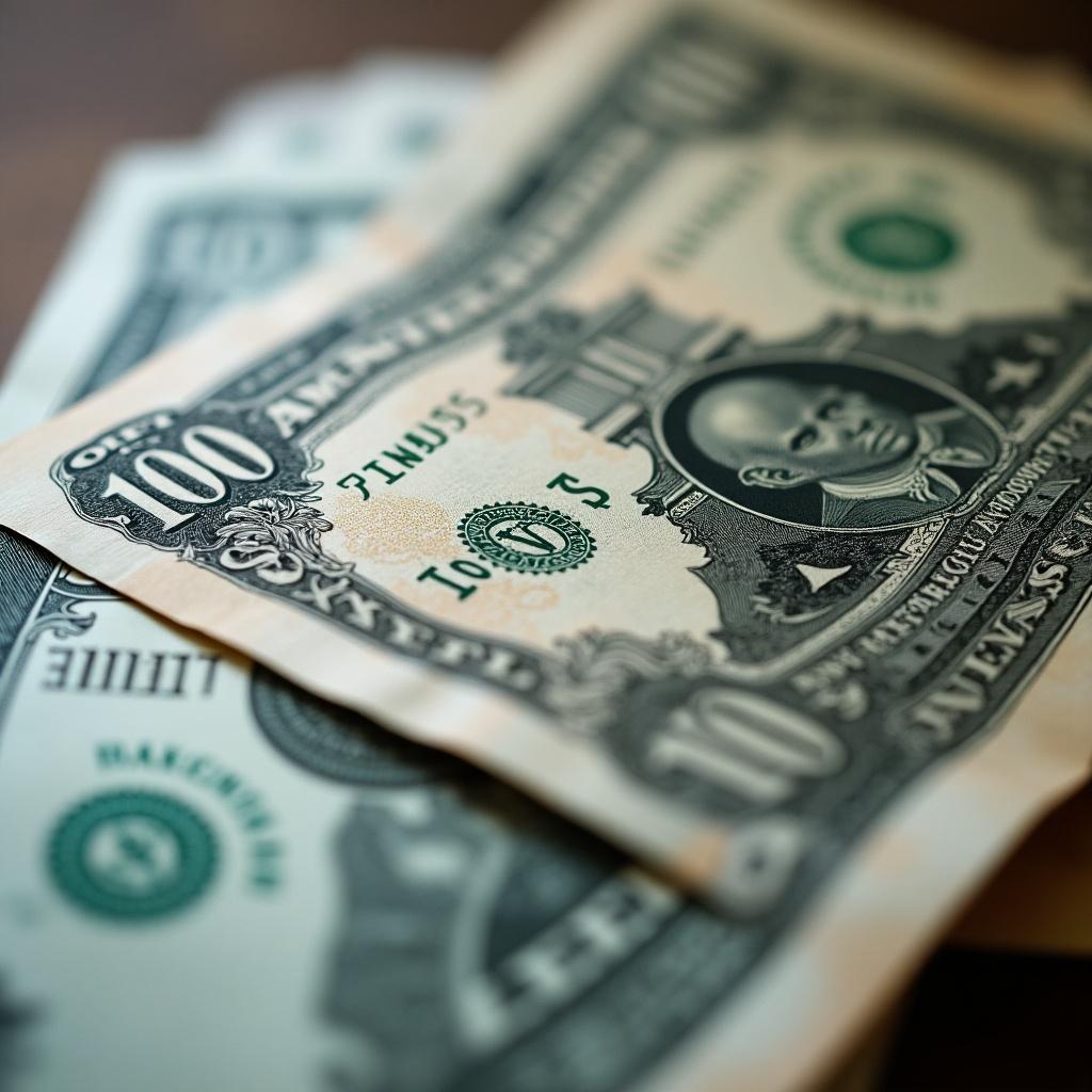 Close-up of a currency note showing intricate designs and features. Note has detailed engravings. Soft lighting highlights the textures and patterns. Captures the complexity of banknote design as educational representation of monetary value.