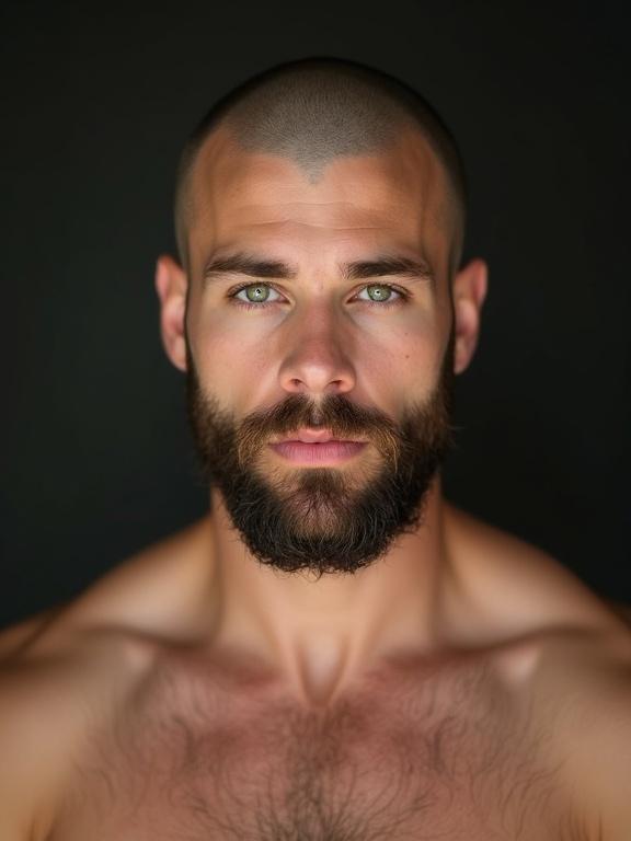 Portrait of a young man with green eyes and a beard. He has a shaved head. Muscular torso is exposed. Background is dark.