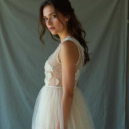 Portrait of a young woman in a semi-transparent dress. The dress is elegant with floral details. Natural lighting enhances the beauty of the scene. The woman has long hair and a soft expression.