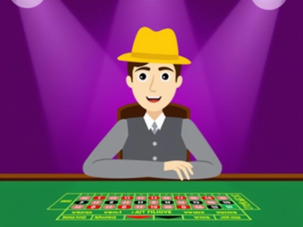 The image depicts a cartoon-style representation of a casino dealer sitting behind a roulette table. The dealer is wearing a gray outfit with a yellow hat, and their arms are crossed in front of them on the table. The background is a vibrant purple, and there are round lights illuminating the scene, giving it a lively atmosphere. The roulette table is detailed with a green felt surface featuring various betting options. The overall setting suggests a playful casino environment, inviting players to join in on the fun.