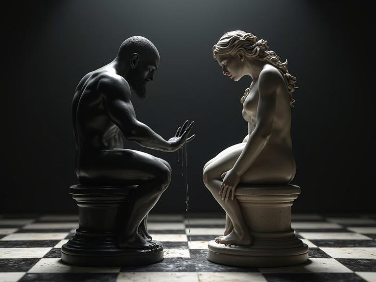 Two dramatic chess figures as male and female statues. Male figure appears strong as water drips onto the female figure. Emphasis on conflict and drama in the scene. High dynamic range and rich detail enhance artistic elements. 3D render techniques create depth and realism.