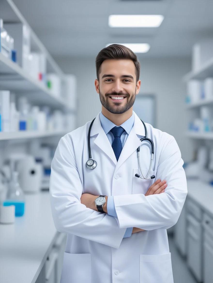 A young medical doctor in a medical lab, wearing a white coat with a stethoscope and smiling confidently, surrounded by laboratory equipment.