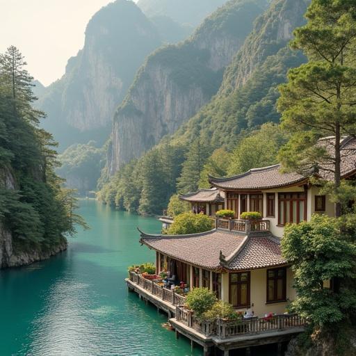 Travel planning image highlighting traditional architecture along a turquoise river surrounded by mountains. Illustrates a peaceful scene with cultural significance. Use orientation connecting key travel sites.
